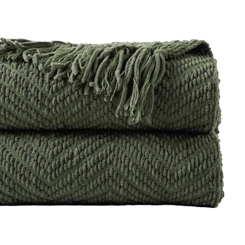 BATTILO HOME Olive Green Chenille Throw Blanket for Bed Knit Throw BlanketSuper Soft Warm Home Decor Throw Blanket with Tassels for CouchSofa and Living Room50 x 60
