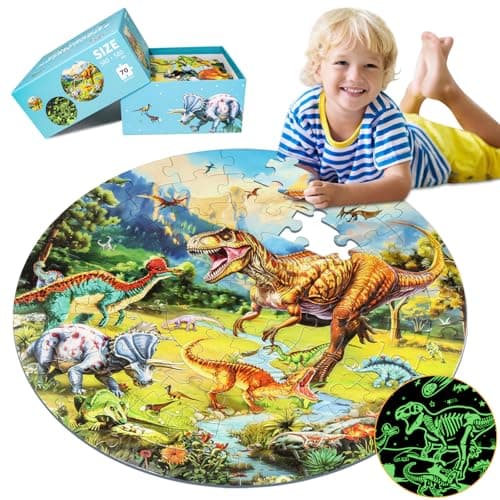 DIGOBAY GlowinTheDark Dinosaur Floor Puzzles for Kids Ages 46 Kids Jigsaw Puzzles Ages 68 70PCS Large Round Dino Educational Puzzle Toys Gifts for 3 4 5 6 7 8 Years Old Boys Girls Children