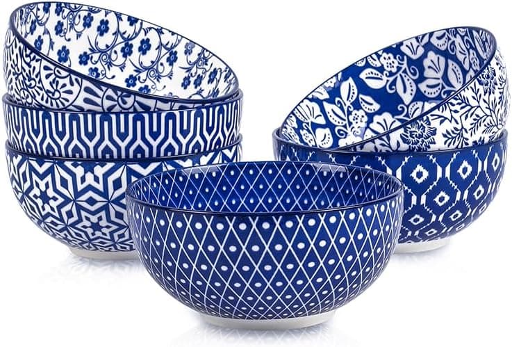Selamica Ceramic 12 OZ Dessert Bowls Set Ice Cream Bowls 47 Inch Small Bowls for Snack Side Dishes Rice Microwave Dishwasher Safe Set of 6 Vintage Blue
