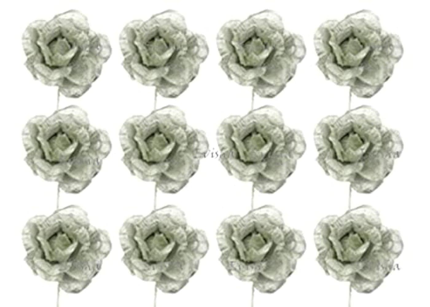 Evisha 12 Pieces Small Size Fabric Silver Rose Artificial Flower