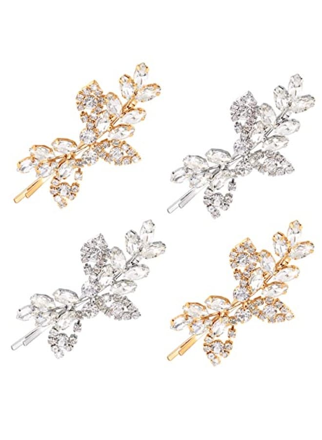 Waydress 4 Pcs Rhinestone Bridal Hair Clip Leaf Wedding Hairpin Bride Crystal Hair Barrette Accessories for Women Silver Gold Rhinestone Style