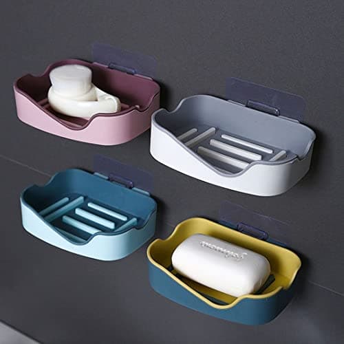 Wolpin Soap Stand Holder for Bathroom Kitchen Sink Magic Stickers Wall Mounted (Pack of 4 Pcs) Water Draining Tray Plastic