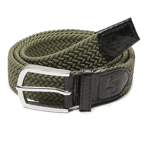 LOUIS STITCH Men's Olive Green Braided Elastic Stretch Belt with Leather Tipped End Stretchable Canvas Waist Band for Men Women Boys Girls Unisex (36-42 inch Waist) (BE-EL)