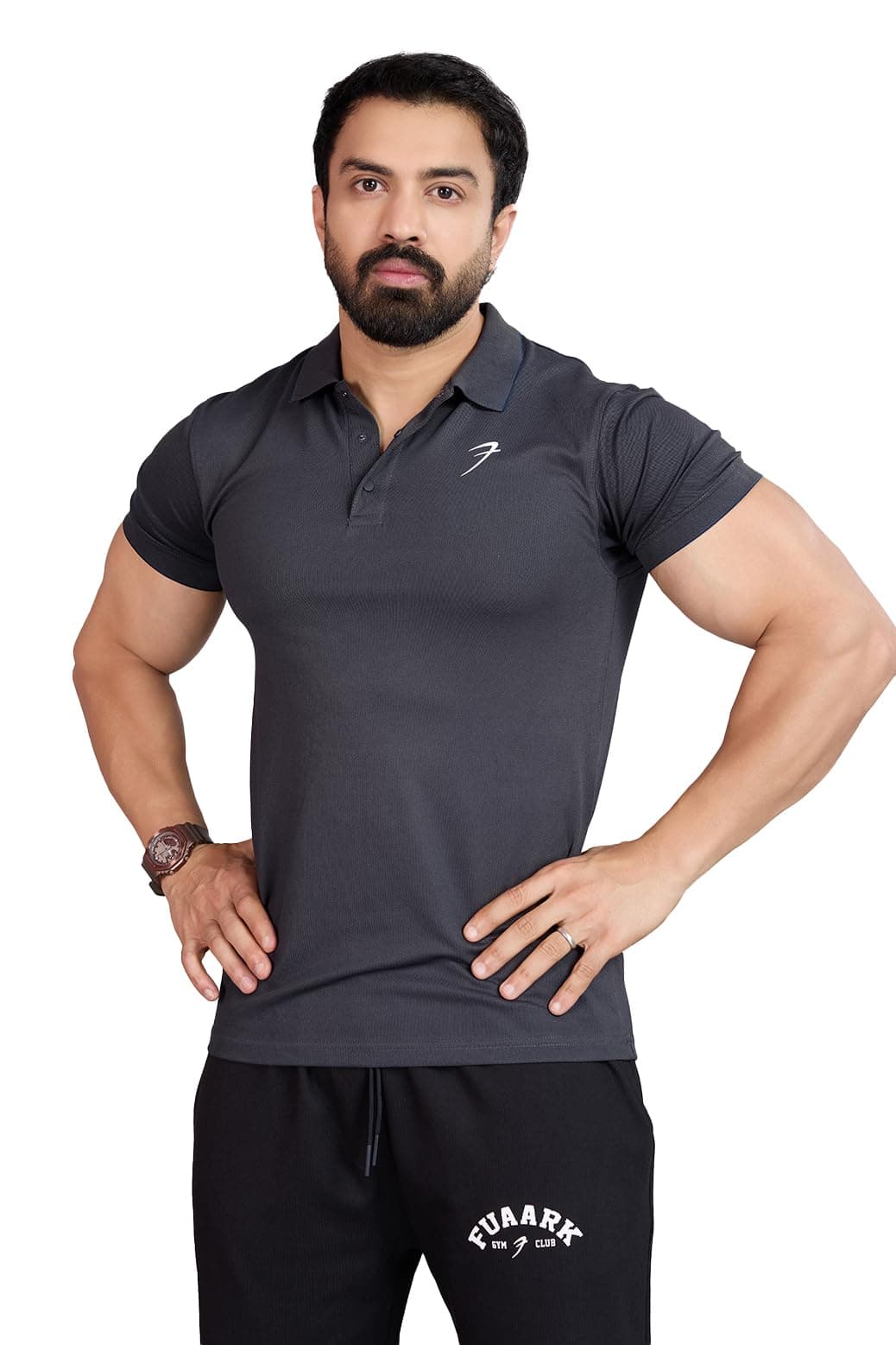 FUAARK Men Solid Polo Slim Fit Sports and Gym T-Shirt Dark Grey-M