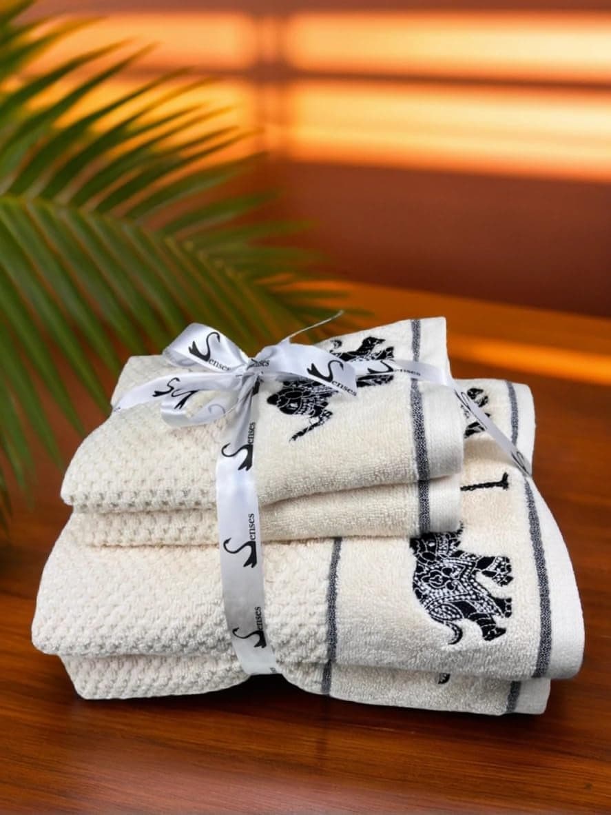 SENSES By Riba Cotton Embroidered Towel Set, 550 GSM Soft & Absorbent, Antimicrobial, Oeko-Tex Certified | Ideal for Home & Gifting, Pack of 4 (2 Bath 27"X50" + 2 Hand Towels 16"X26") - Style 16