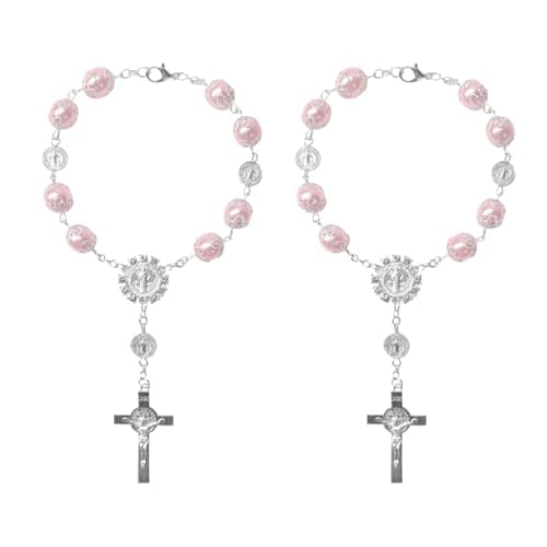 Hbxdeco 2 PCS Car Rosary for Rearview Mirror Personalized Cross Blessing Auto Rearview Mirror Rosary Pendant Universal Car Rear View Mirror Rosary Hanging Decor Accessories for Woman Men Pink