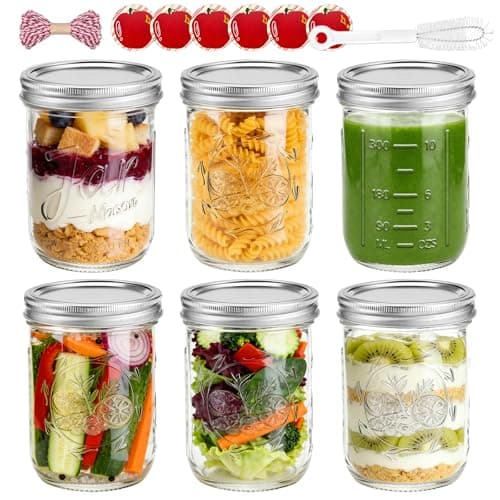 16 oz Wide Mouth Mason Jars with Embossing Pattern, 6 Pack Canning Jars with Volume Marks,Pint Glass Jars with lids for Fermenting,Pickling,Preserving,Meal Prep,Pantry organization,Gift Giving&Crafts