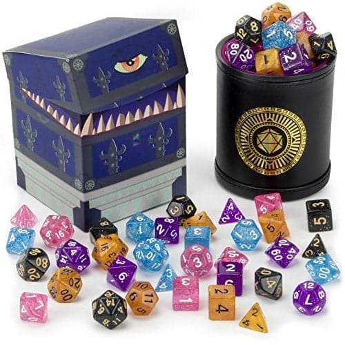 Wiz Dice Cup of Wonder 35 Polyhedral DND Dice Dice Shaker Cup Box for Storage 5 Set of 7 Unique Colors Polyhedral Role Playing Dice in Unique Colors DND Accessories for TTRPG Dice Games