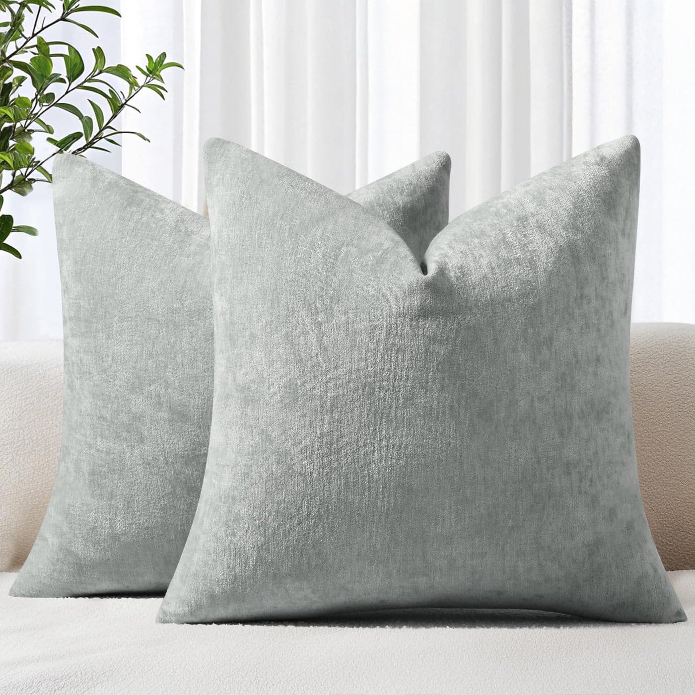 decorUhome Chenille Grey Spring Throw Pillow Covers 18x18 Inch Set of 2 Decorative Soft Couch Pillow Covers Solid Dyed Accent Farmhouse Neutral Square Pillow Cases for Sofa