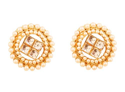 Touchstone Indian Bollywood Ethnic Style Desire Royal Mughal Round Shape Kundan Look Faux Pearls Bridal Designer Jewelry Earrings In Gold Tone For Women