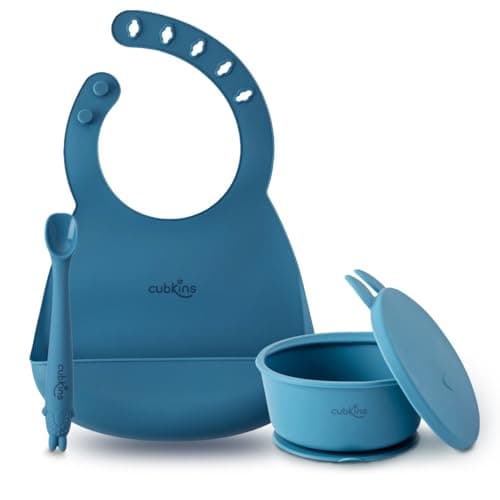 CUBKINS Silicone Suction Bowl, Adjustable Bib with Early Feeding Bendable Spoon for Feeding Babies | BPA Free, Washable and Reusable Bowl & Bib for Kids, Toddlers (Blue Olive)