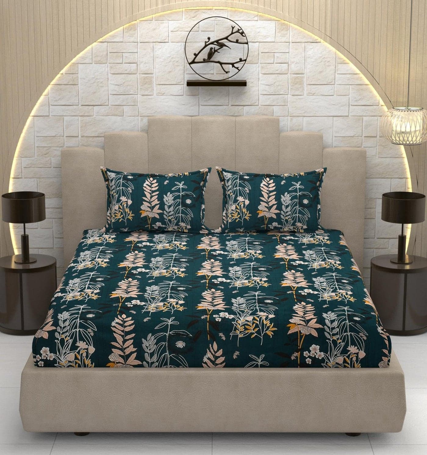Subtlespreads XXL Premium Cotton Feel Super King Size Printed Bedsheets for Double Bed with 2 Pillow Covers - Bed Sheets for Bedroom (Dark Green Plants, Super King 108x108), 200 TC