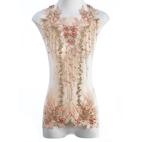 FixrWre Beaded Pearl Flower Fabric Lace Applique, Floral Embroidered Patches Handmade Sewing Tool for DIY Neckline Bodice Wedding Bridal Prom Dress(Apricot-Large)
