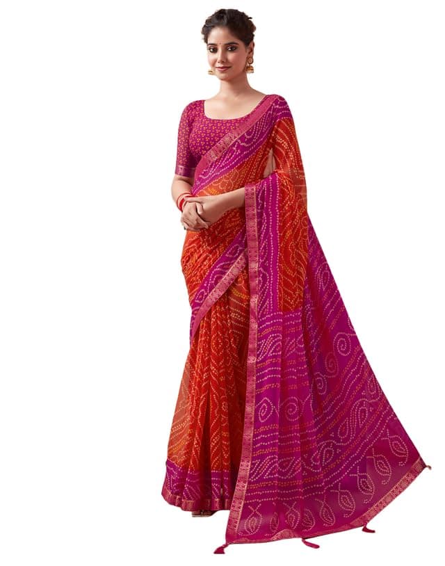 SIRIL Women's Chiffon Bandhani Printed Saree With Unstitched Blouse Piece (3728S2633_Magenta & Orange)