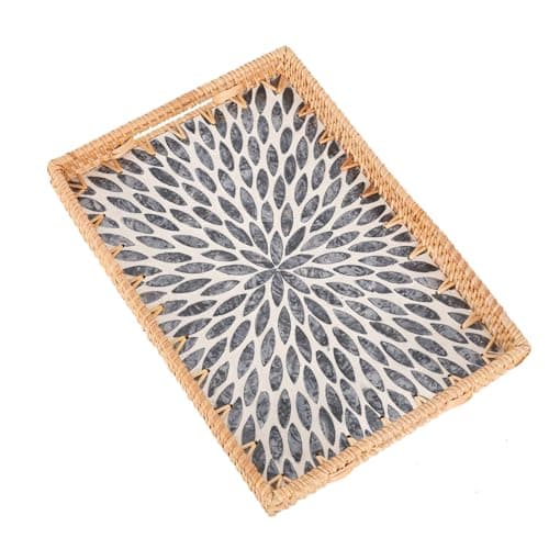 Tynulox Rectangle Rattan Tray with Mother of Pearl Inlay, Rattan Serving Tray with Handle for Coffee, Bread, Fruits, Snacks, Decorative Wicker Tray for Table Decor (Rectangle Black Leaf, 13"×9")