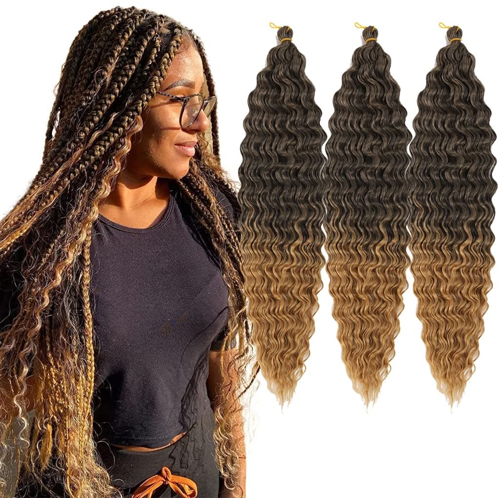 24inch Ocean Wave Braiding Hair Extensions 3packs Long Deep Curly Wave Braid Hair Synthetic Twist Ripple Crochet Deep Wave Braids Hair for Women 100gpack24Black mix Light brown