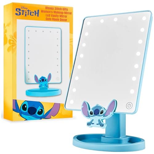 Disney Stitch Vanity Mirror for Girls Teens Women with Trinket Tray LED Table Mirror Touch Screen Light Make Up Gifts for Women Blue