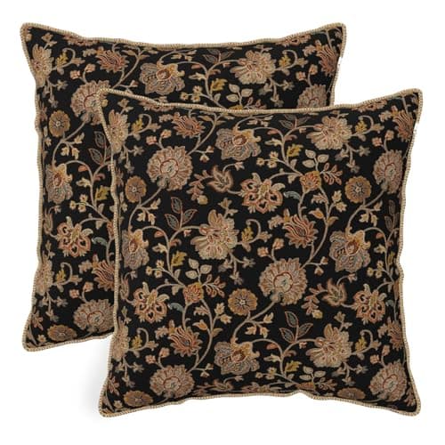 Vintage Tapestry Floral Soft Velvet Throw Pillow Covers Set of 2 Black Brown Bohemian Boho Carpet Flowers Decorative Pillow Covers 20x20 Inch Rustic Retro Rug Pillow Case For Sofa Couch Home Decor