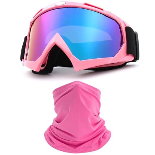 immoono Motorcycle Goggles Dirt Bike ATV Offroad Riding Motocross Glasses with Neck Gaiter Face Cover for Women Girls Pink Frame Colorful Blue Lenses