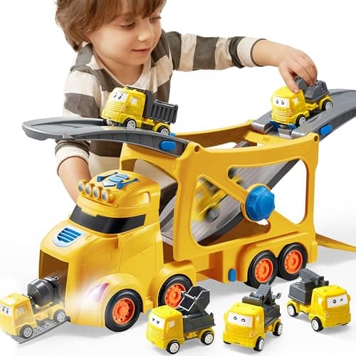 Vroomix JOVA Extra Large Toy Trucks for Toddlers 3Layer Construction Trucks for Boys 7in1 Big Carrier Truck with Siren Lights and 6 Toy Cars Birthday Gifts for Boys Kids