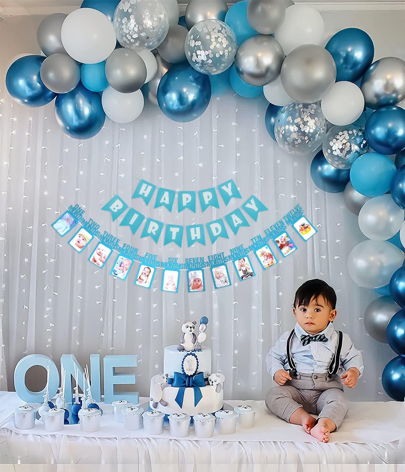 Special You 1st Birthday Decoration for Baby Boy with Blue and White Balloons for Decoration, Back Drop Curtain for Decor, Birthday Decoration kit- 67 Pcs