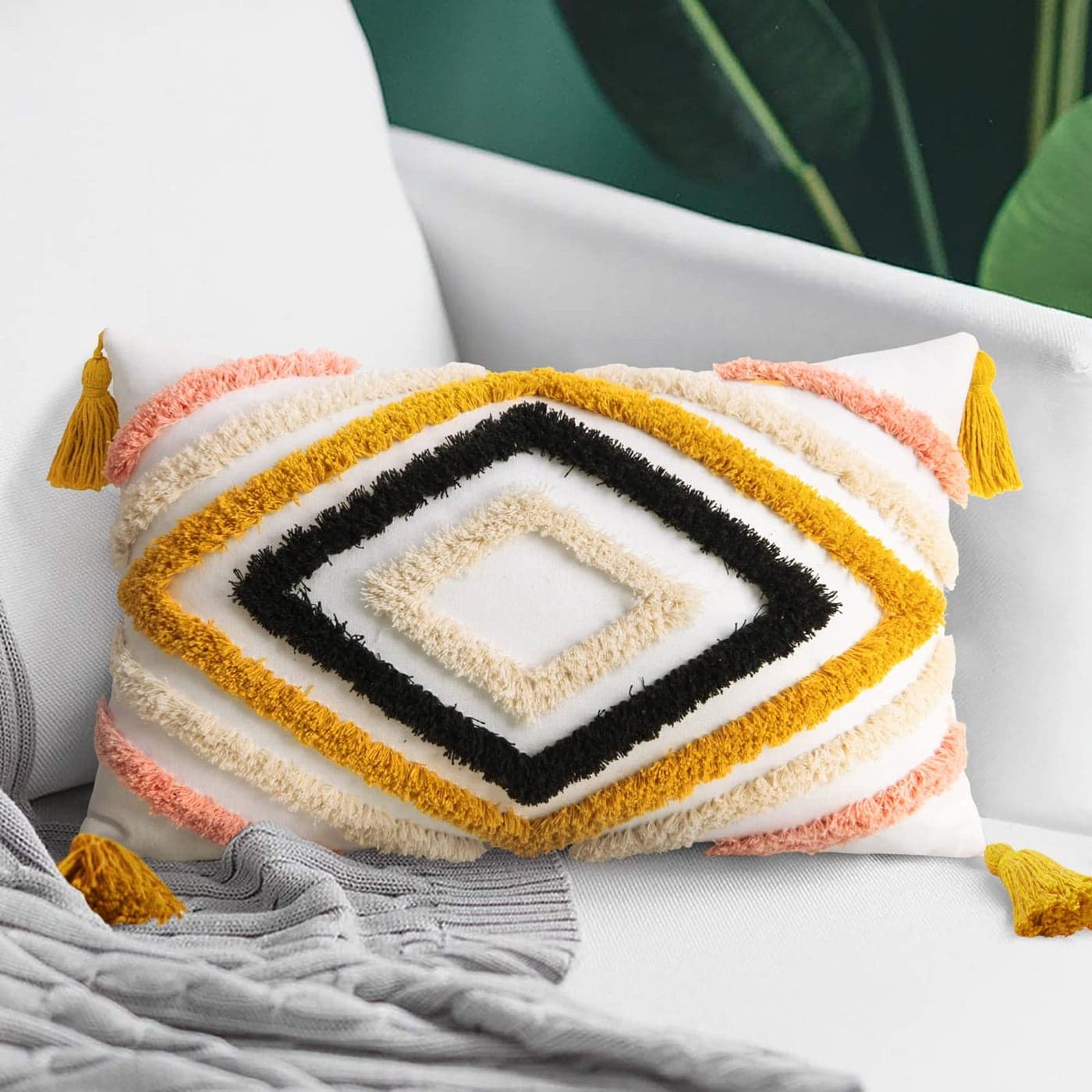 JASEN Colorful Boho Throw Pillow Covers 12x20 Diamond Pattern Lumbar Pillow Covers with Tassel Woven Tufted Decorative Pillow Cover for Couch Sofa Bedroom Living Room