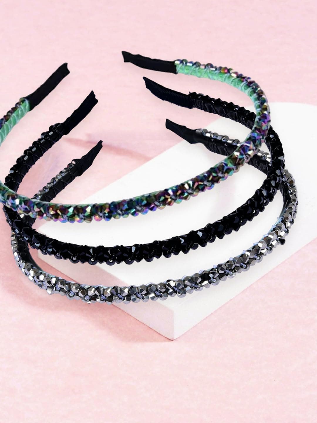 fabula Jewellery Combo of 3 Black Silver Mettalic Multicolor Shimmer Crystal Studded Fashion Party Thin Hair Band Head Band For Women Girls Stylish Latest HRO111251_AFR1