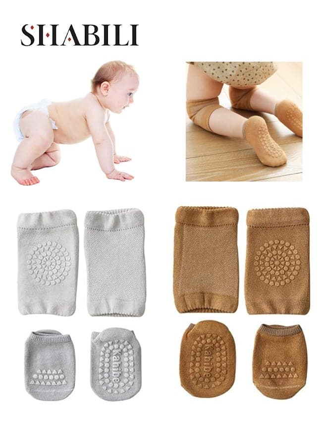Baby Knee Pads with Cotton Non Slip Socks Set(Gray & Coffee 2 Pack), Baby Knee Protectors Baby Knee Sleeves Baby Knee Brace Baby Anti Slip Wear Resistant Breathable Cushion, for Crawling Playing