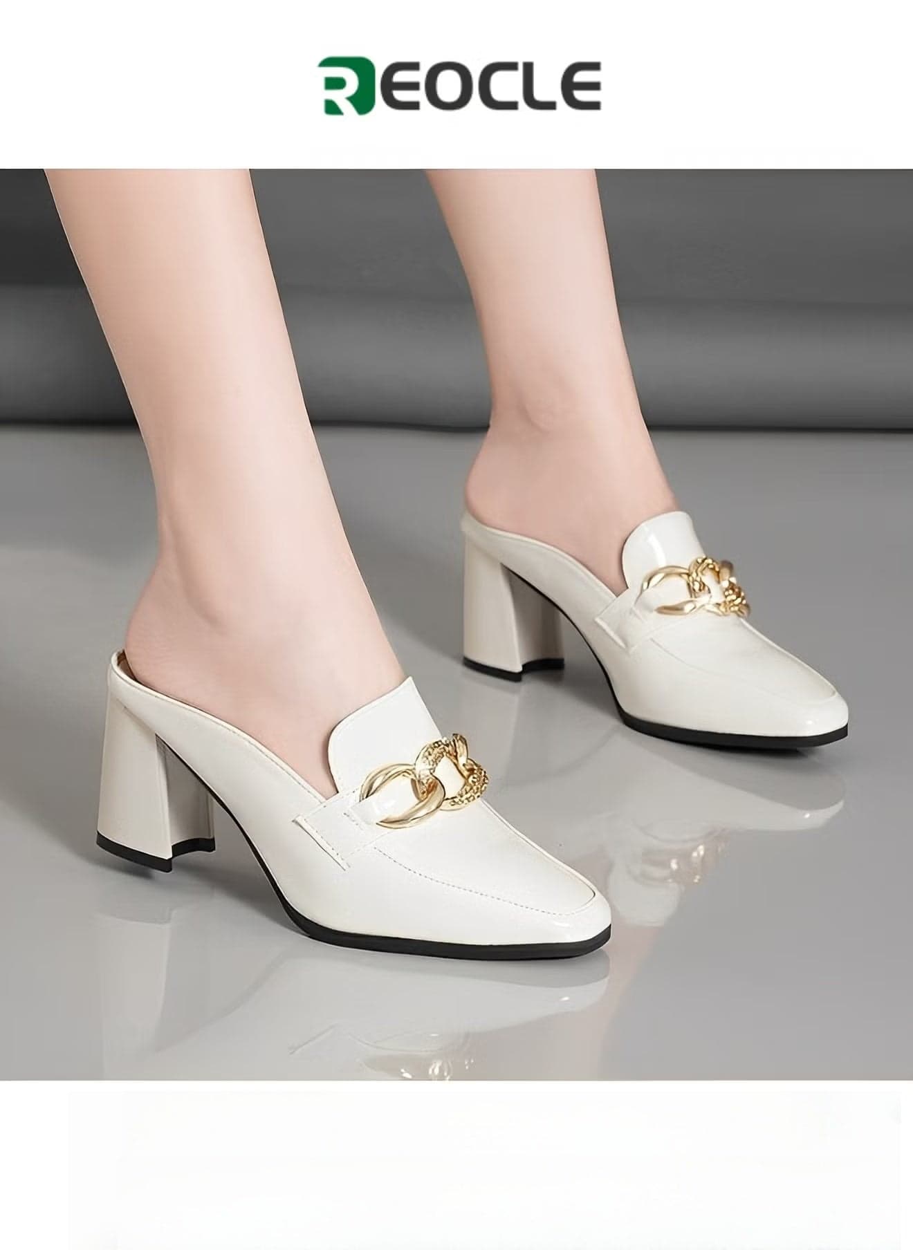 Women's Mules Pointed Toe Backless Loafer Shoes Slip on Sandals Chunky Sandals with Square-Toe Block-Heel & Metal Buckle Design & Comfortable Lining
