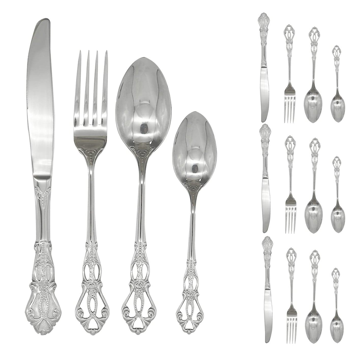 Pinenjoy 24Pcs Vintage Baroque Silverware Set 1810304 Stainless Steel Luxury Antique Western Royal Style Flatware Set include Hollow Relief Handle Spoon Fork Knife Service for 6