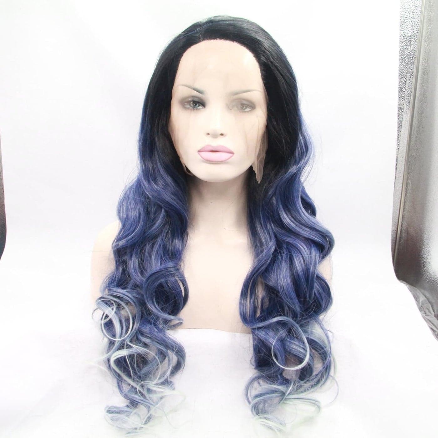 xiweiya Long Black to Blue Wig with Platinum Blonde Tips 3Tones Natural Hairline Gluess Mixed Blue Synthetic Lace Front Blue Wig Heat Resistant Fiber Hair Wig For Women 24inch