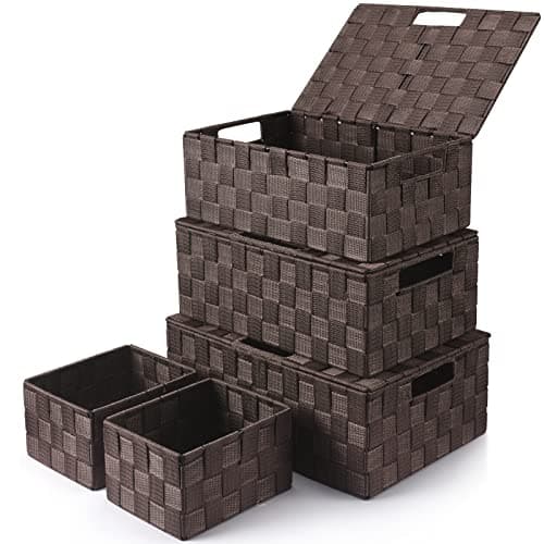 Storage Bins Baskets for Organizing with Lids, Storage Baskets for Shelves Stackable Woven Basket, Gift Small Basket Storage Cubes, Decorative Wicker Basket with Built-in Handles (5 Pack, Brown)