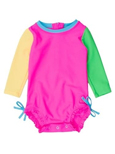 RuffleButts Baby Girls UPF 50+ Sun Protection Novelty Print Long Sleeve One Piece Rash Guard Swimsuit with Zipper - Neon Color Block, 6-12m