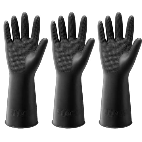 ThxToms 3 Pairs Dishwashing Gloves, Reusable Latex Cleaning Gloves for Housework Kitchen Bathroom, Durable Flexible & Anti-slip, Smooth Lining, Easy On & Off, Medium, Black