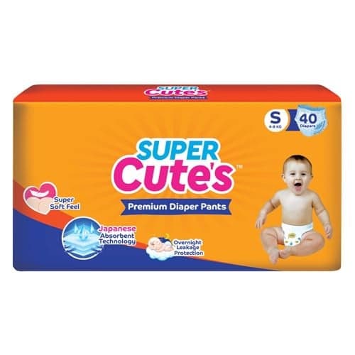 Super Cutes Premium Baby Diapers S Size, 40 Count, 4-8Kg, Super Soft and Rash Free Diaper Pants with 12 hrs Overnight Leakage Protection