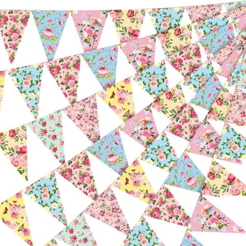 Faccito 49 Ft 60 Pcs Tea Floral Party Paper Bunting Decor Outdoor Bunting Banner Floral Pennant Wildflower Garland Tea Party Birthday Supplies for Wonderland Garden Baby Shower Bridal Wedding Bedroom