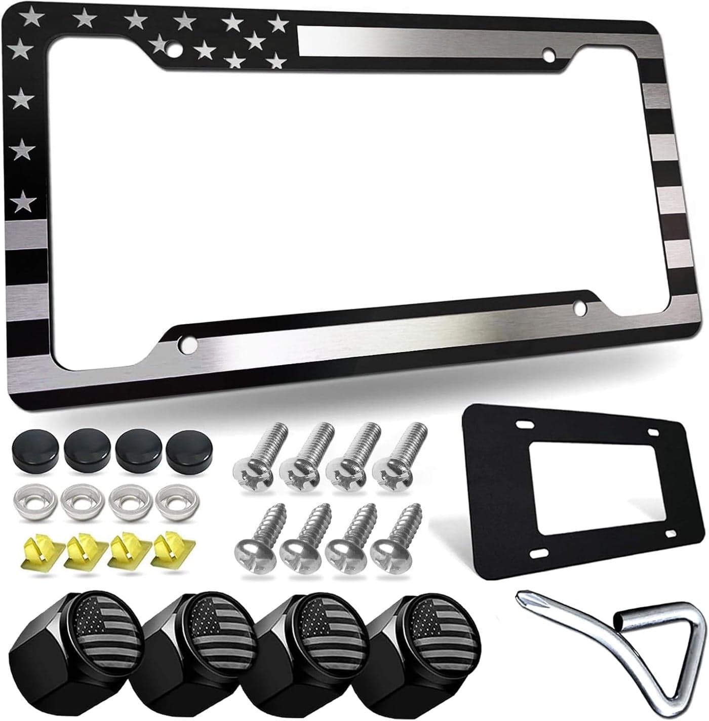 Tuersan American Flag License Plate Frame with Mounting Hardware and Tire Valve Caps