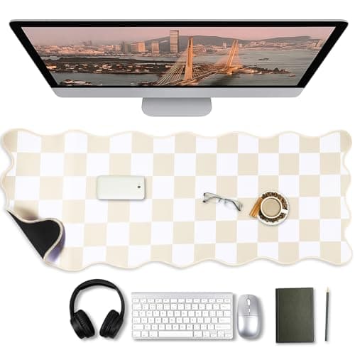 Copkim 1 Pcs Beige Scalloped Checkered Desk Mat 315 x 118 Inch Large Cute Mouse Pad Computer Mat Non Slip Waterproof Rubber Base with Border Stitching Soft Keyboard Pad for Home Office Gaming Makeup