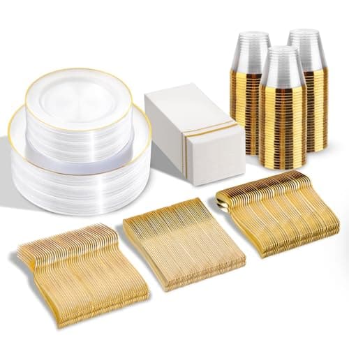 SUT 350Pcs Plastic Dinnerware Set for 50 Guests, Clear and Gold Plastic Plates, Disposable Plates and Napkins Party Supplies, Gold Silverware, Plates, Cups and Napkins Sets for Party Weddings