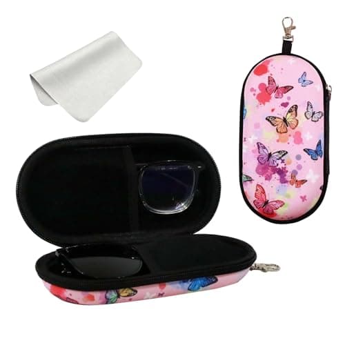 FlyingMage Double Eyeglasses Case, Hard Shell Dual Sunglasses Organizer with Zipper Clip Travel Glasses Storage for Women Men (Pink Butterfly)