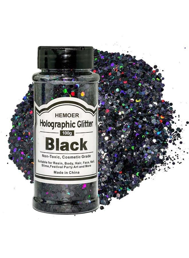 Black Glitter 100g/3.5oz Holographic Chunky Sequins, Cosmetic Craft Glitters Set for Resin, Body, Hair, Face, Nail, Slime Festival Party Art and More