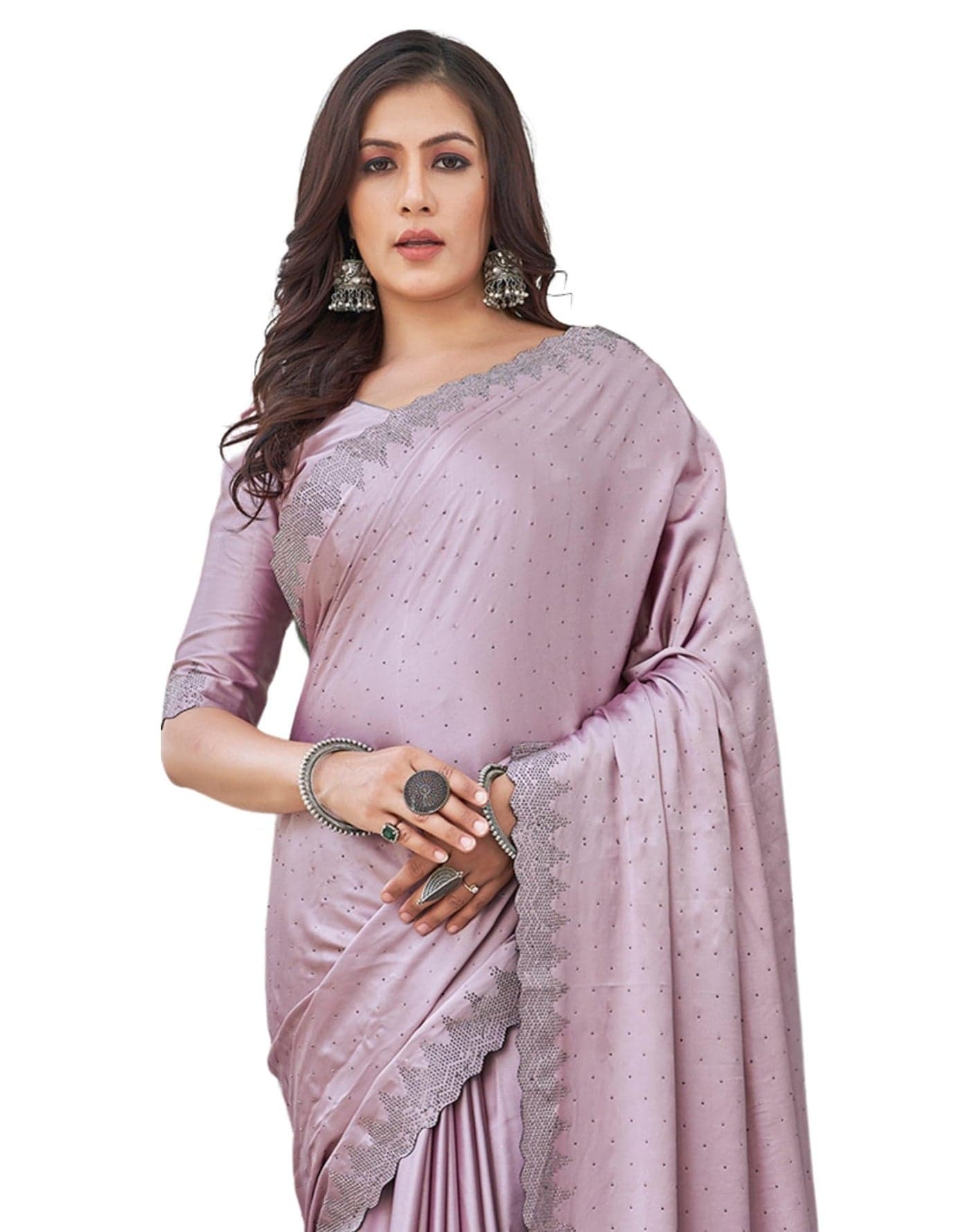 SIRIL Women's Satin Hot Fixing Stone Work Saree With Unstitched Blouse Piece (3762S387_Light Pink)