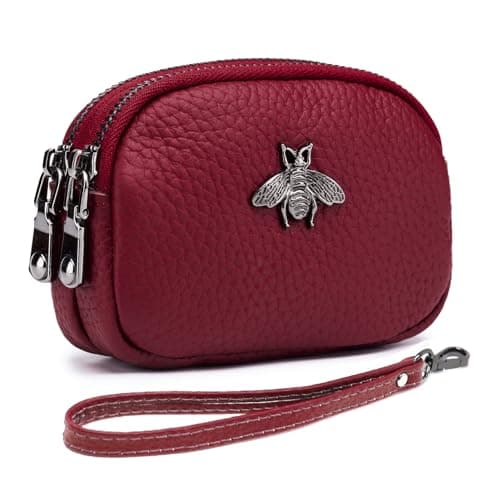imeetu Women Leather Coin Purse, Small 2 Zippered Change Pouch Wallet(Red, Wrist Strap)