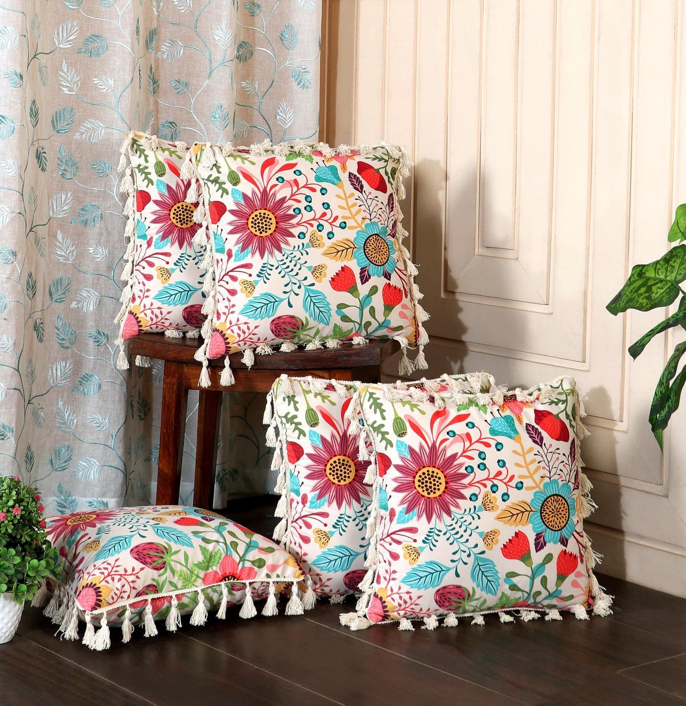 ishro home Premium Cushion Cover Set of 5 | Cushion Cover 16 inch x 16 inch – Soft European Standard Fabric, Frill Design, Machine Washable | (5, Sun Garden, 16x16 Inch)