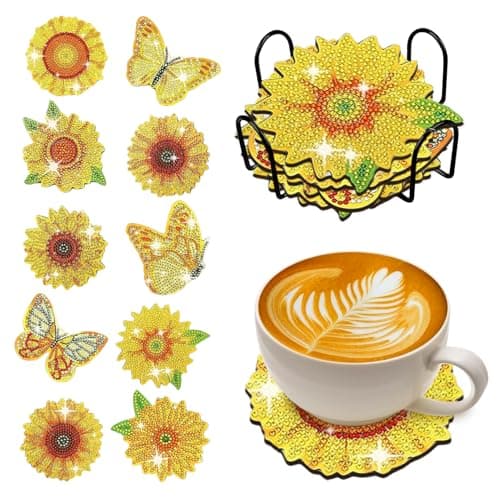 10 pcs Diamond Painting Coasters | Diamond Art Coasters | Sunflower Diamond Art Painting | Perfect Art Craft Gift for Sunflower Lover, Dad, Mom, Grandparents, Brother, Sister.
