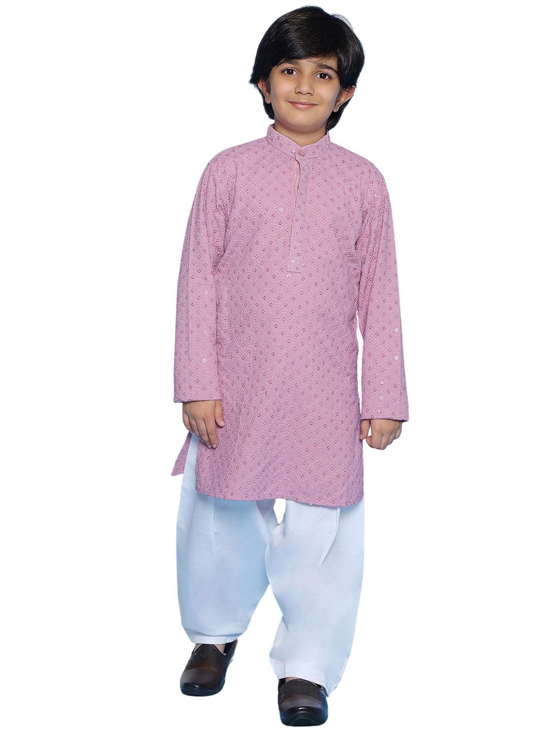 AJ DEZINES Boys Ethnic Kurta Pajama Set | Cotton Full Sleeve Chikankari Kurta with Sequins | Traditional & Festive Outfit | Mandarin Collar, Regular Fit | Special Occasion Outfit for Kids | LEVENDER-9