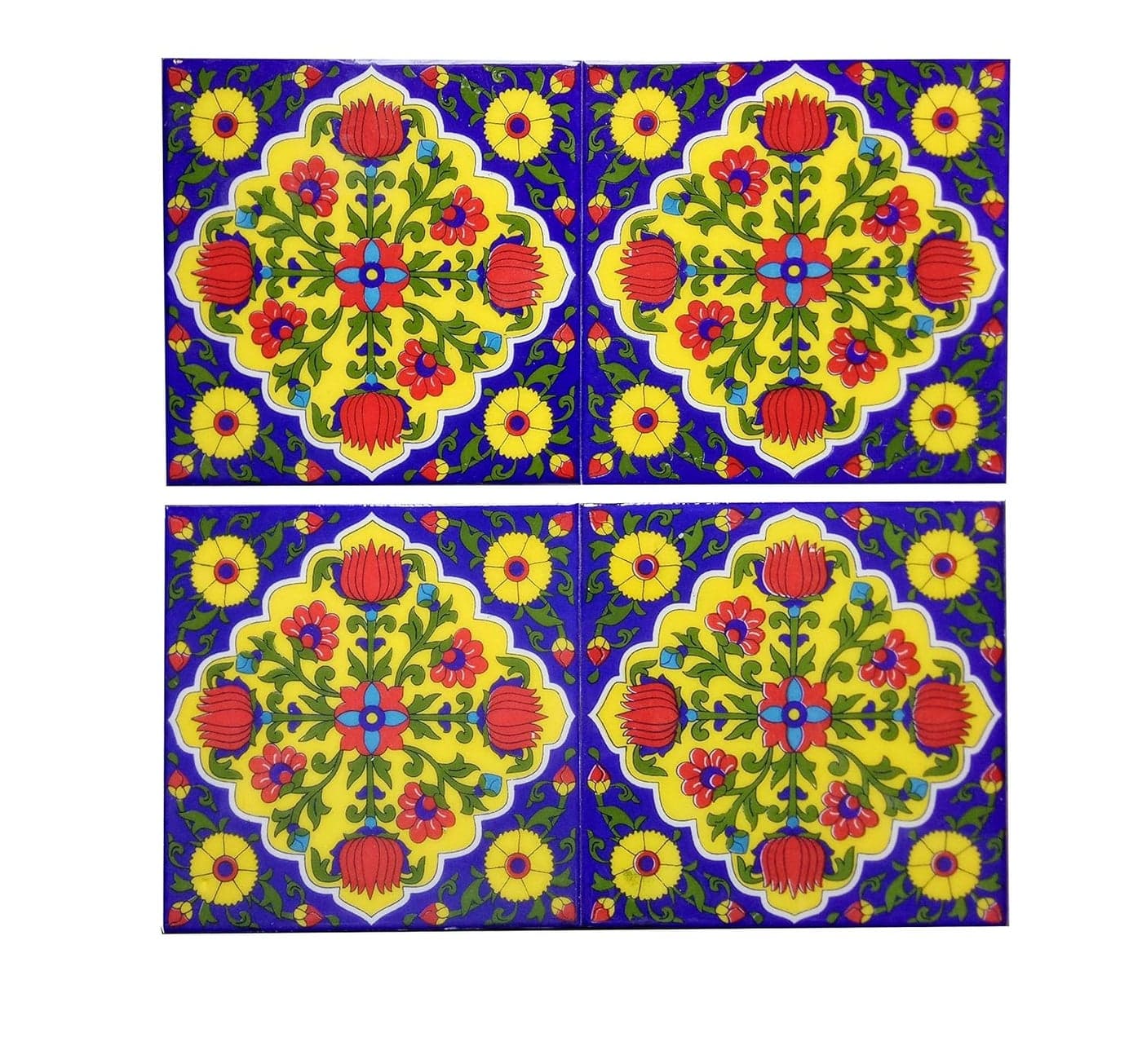 Shiv Kripa Blue Pottery Home Decor Tiles Ceramic High Lighter Wall Kitchen Bathroom Handmade Tiles 6 x 6 Inch Set of 4Tiles Blue Multi