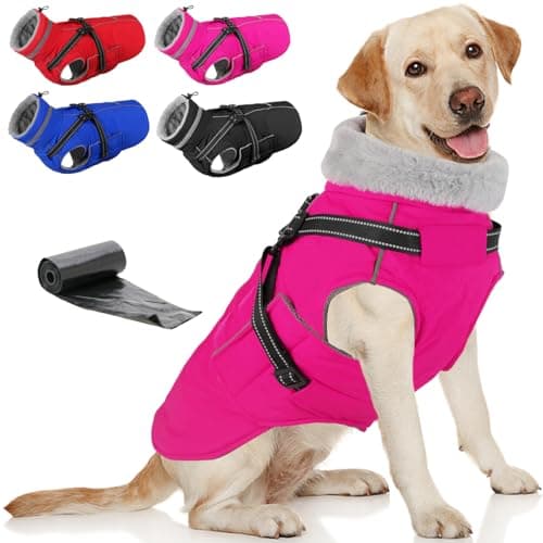 Doglay 2 in 1 Dog Coat with Harness Builtin Waterproof Dog Winter Jacket with Pocket Poop Bags Reflective Adjustable Pet Winter Coat for Small Medium Large Dogs Pink S