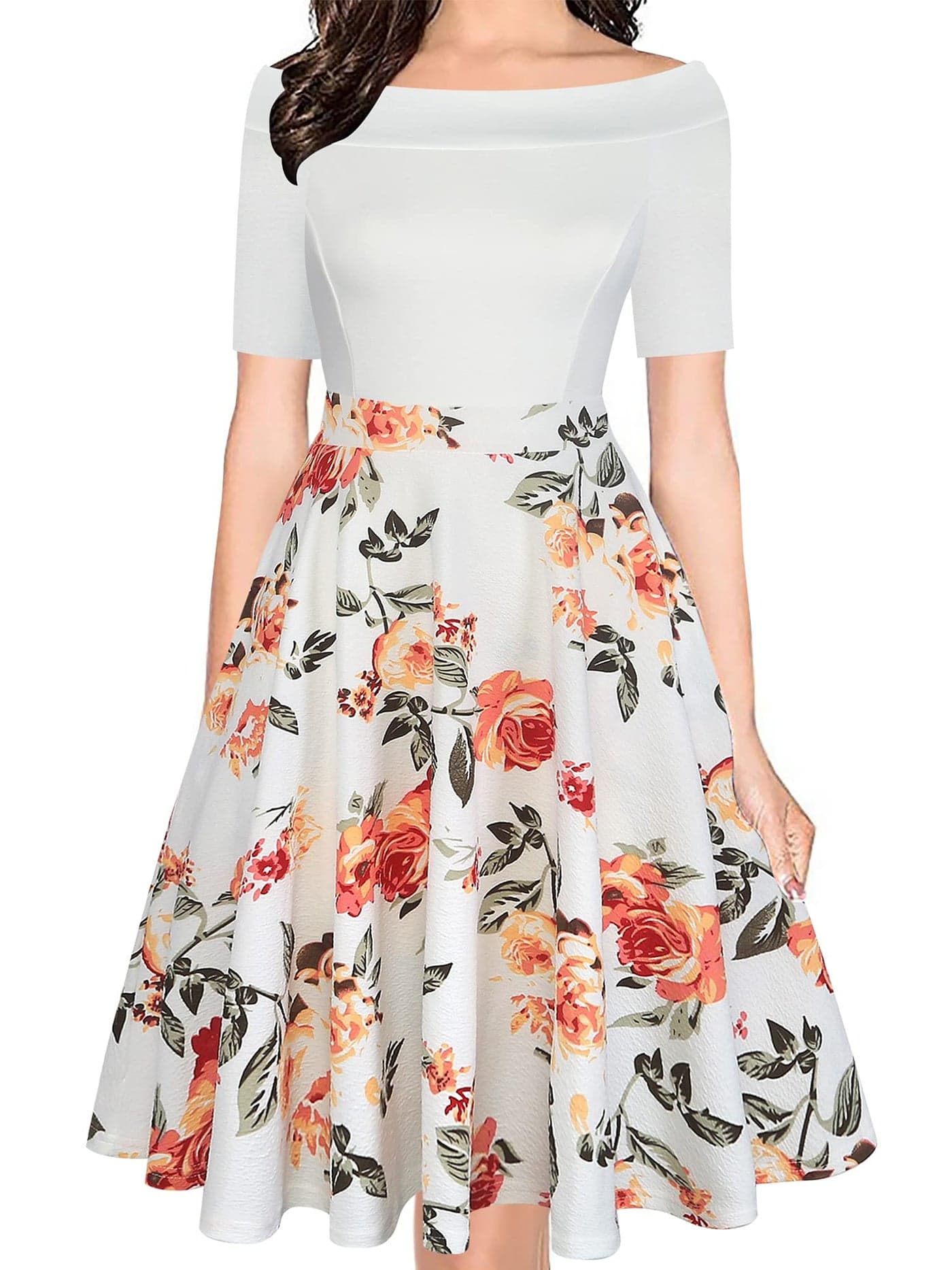 oxiuly Women's Boat Neck Floral Casual Dress Off Shoulder Party Wedding White Bridesmaid Swing Dresses with Pockets OX232 (White-Floral, L)