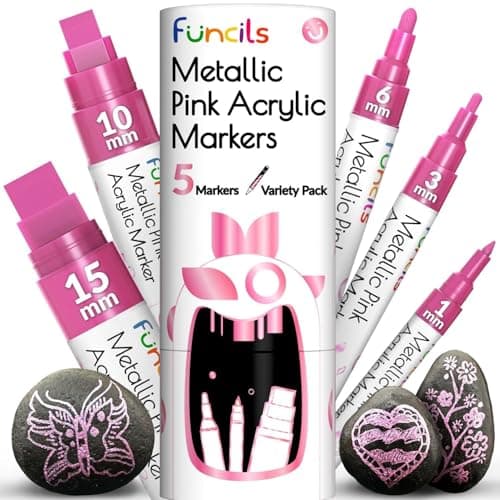5 Acrylic Metallic Pink Paint Pen Extra Fine Tip Thin Jumbo 1mm 3mm 6mm 10mm 15mm Paint Markers for Metal Rocks Plastic Canvas Wood Fabric Tire Glass Pink Permanent Marker